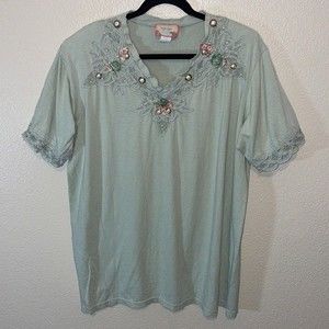 Vintage Pop-Art 100% Cotton Lace & Jeweled Tee w/ Shoulder Pads